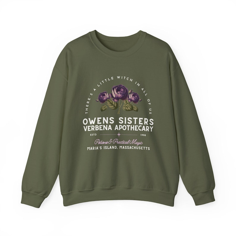 Owens Sisters Apothecary Witch Shirt, Cute Fall Sweatshirt, Witchy Woman Gifts, Witch Gift, 90s Witch Movies, Gifts for Geeks Military Green