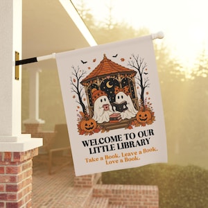 Kleine Bibliothek Gruselige Gartenfahne, Bibliotheksgartenfahne, Bücherfahnen, Lesegartenfahne, Bücherwurmfahne, Fortschrittliche Fahne, Bibliothekschild Bild 6