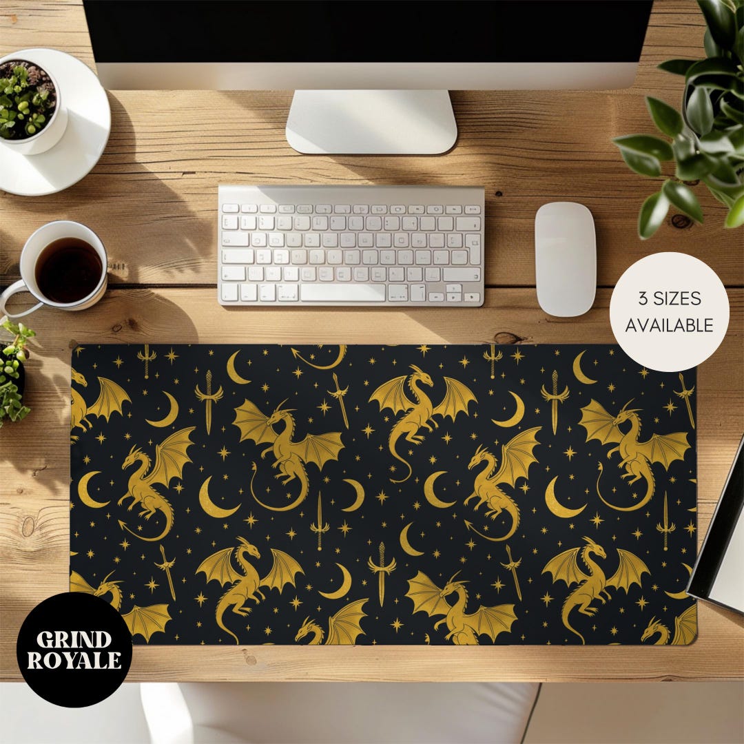 Dragon Fantasy Large Desk Mat, Black Gold Desk Mat, Gamer Desk Mat ...