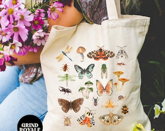 Insect Cottagecore Mushroom Motif Tote Bag, Dark Academia Bag, Bookish Gift, Canvas Tote Bag, Insect Tote Bag, Cute Tote Bag, Goth Tote Bag