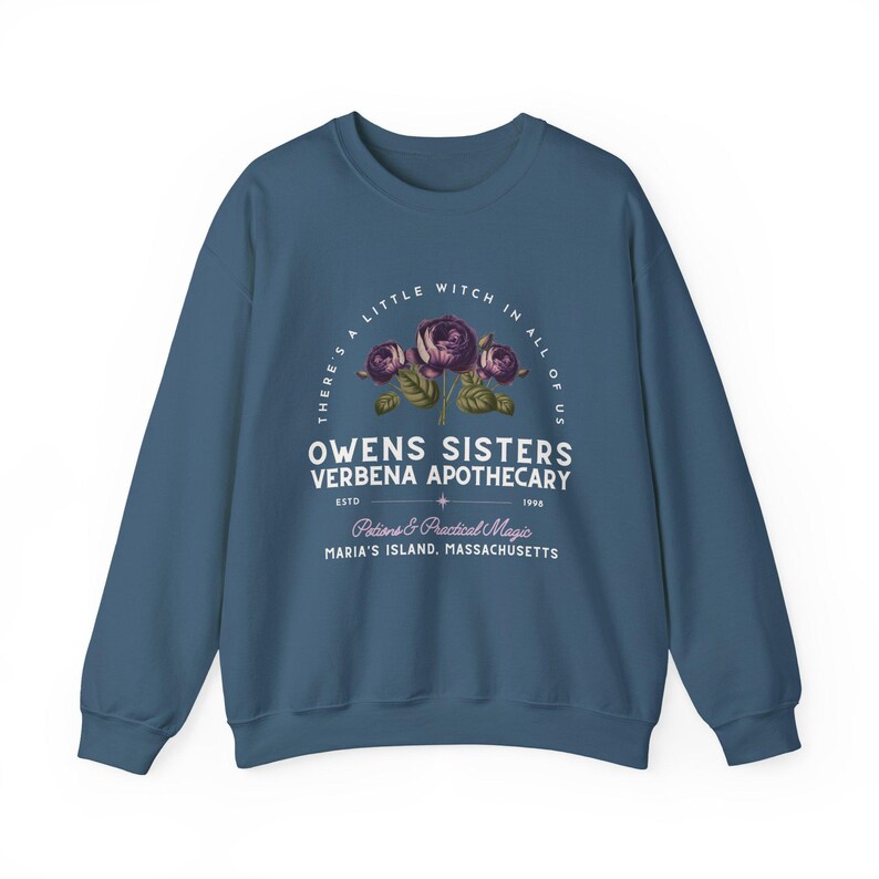 Owens Sisters Apothecary Witch Shirt, Cute Fall Sweatshirt, Witchy Woman Gifts, Witch Gift, 90s Witch Movies, Gifts for Geeks Indigo Blue