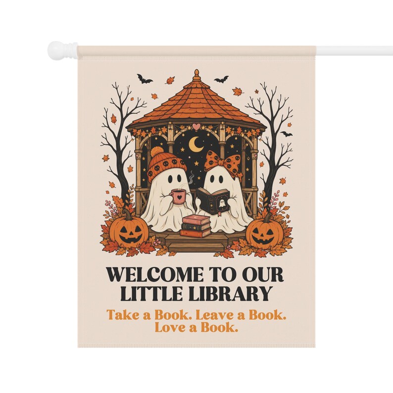 Kleine Bibliothek Gruselige Gartenfahne, Bibliotheksgartenfahne, Bücherfahnen, Lesegartenfahne, Bücherwurmfahne, Fortschrittliche Fahne, Bibliothekschild Bild 7