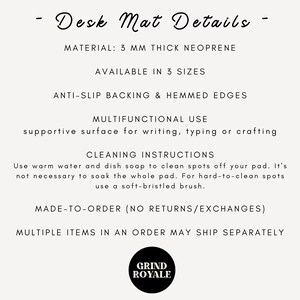 May include: White background with text detailing desk mat features. The mat is made of 3 mm thick neoprene, available in 3 sizes, with anti-slip backing and hemmed edges. It's multifunctional for writing, typing, or crafting. Cleaning instructions are also provided.