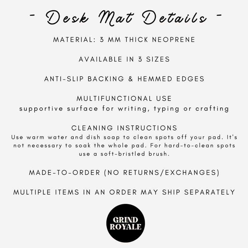 May include: White background with text detailing desk mat features. The mat is made of 3 mm thick neoprene, available in 3 sizes, with anti-slip backing and hemmed edges. It's multifunctional for writing, typing, or crafting. Cleaning instructions are also provided.