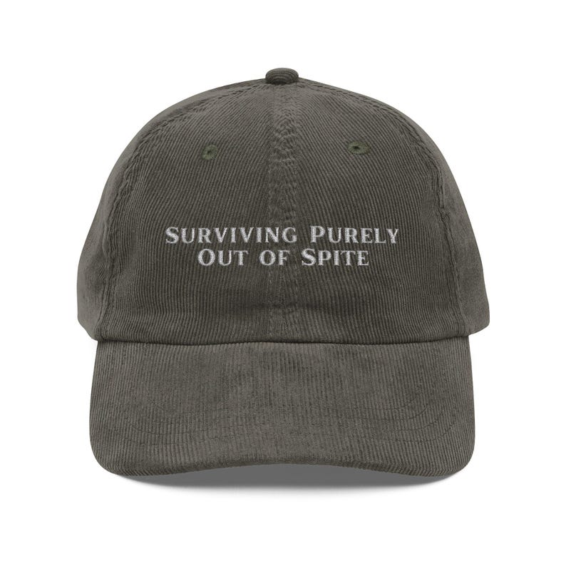 Vintage Embroidered Corduroy Funny Dark Humor Hat, Dark Humor Gift, Gothic Hat, Funny Hat, Surviving Out of Spite Hat, Millennial Gift image 4