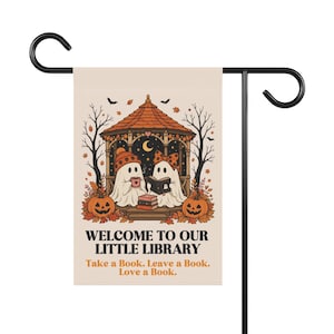 Kleine Bibliothek Gruselige Gartenfahne, Bibliotheksgartenfahne, Bücherfahnen, Lesegartenfahne, Bücherwurmfahne, Fortschrittliche Fahne, Bibliothekschild Bild 5