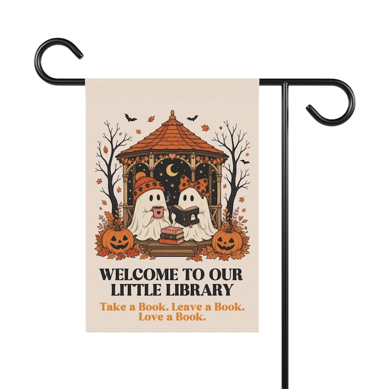 Kleine Bibliothek Gruselige Gartenfahne, Bibliotheksgartenfahne, Bücherfahnen, Lesegartenfahne, Bücherwurmfahne, Fortschrittliche Fahne, Bibliothekschild Bild 5