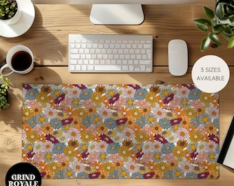 Daisies Floral Pink Orange Large Desk Mat, Boho Desk Mat, Gamer Desk Mat, Gaming Desk Mat, Large Desk Mat, Desk Accessories, Floral Desk Mat