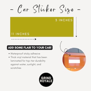 Puede incluir: Una gu&iacute;a de tallas de pegatinas para coches con dimensiones. La pegatina mide 28 cm por 7,6 cm. Se incluye el texto "&iexcl;A&ntilde;ade un toque a tu coche!", junto con detalles sobre el adhesivo impermeable y el material de vinilo duradero.