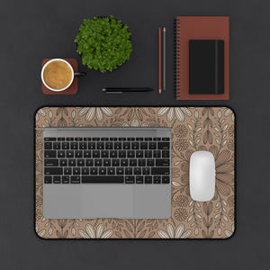 Boho Floral Taupe Large Desk Mat, Boho Desk Mat, Gamer Desk Mat, Gaming Desk Mat, Large Desk Mat, Desk Accessories, Floral Desk Mat image 5