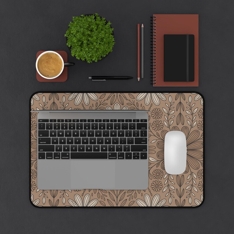 Boho Floral Taupe Large Desk Mat, Boho Desk Mat, Gamer Desk Mat, Gaming Desk Mat, Large Desk Mat, Desk Accessories, Floral Desk Mat image 5