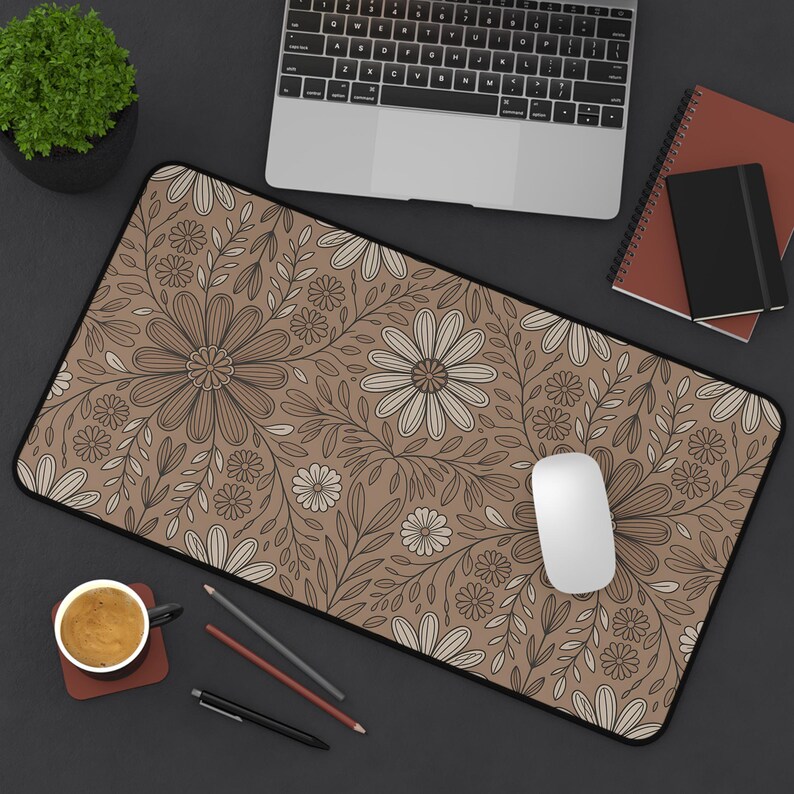 Boho Floral Taupe Large Desk Mat, Boho Desk Mat, Gamer Desk Mat, Gaming Desk Mat, Large Desk Mat, Desk Accessories, Floral Desk Mat image 7