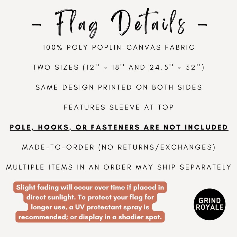 K&ouml;nnte beinhalten: Eine wei&szlig;e Infografik mit dem Titel Flag Details, die Produktspezifikationen auflistet: 100% Poly-Popeline-Canvas-Stoff, zwei Gr&ouml;&szlig;en von 30,48 cm x 45,72 cm und 62,23 cm x 81,28 cm, beidseitiger Druck, eine obere Stangentasche und Pflegehinweise.