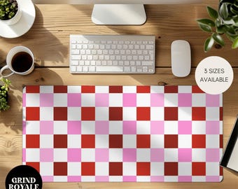 Pink Red Checkered aesthetic desk pad, Computer retro style large mouse pad, Aesthetic desk accessories, office gifts for her cute,Gamer Mat