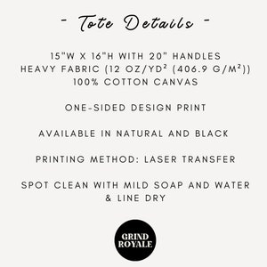 May include: A tote bag made of heavy cotton canvas with a one-sided design print. The bag is 15 inches wide, 16 inches high, and has 20 inch handles. It is available in natural and black colors. The printing method is laser transfer. Spot clean with mild soap and water and line dry.