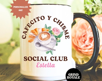 Personalisierte Cafecito Y Chisme Social Club Becher, Cafecito y Chisme, mexikanische Tasse, lustige Kaffeetasse, spanisches kundenspezifisches Geschenk, Pan de Dulce Becher