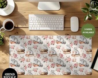 Cats and Books Girly Floral Desk Mat, Book Desk Mat,Gamer Desk Mat, Gaming Desk Mat, Large Desk Mat, Desk Accessories, Cute Desk Accessories
