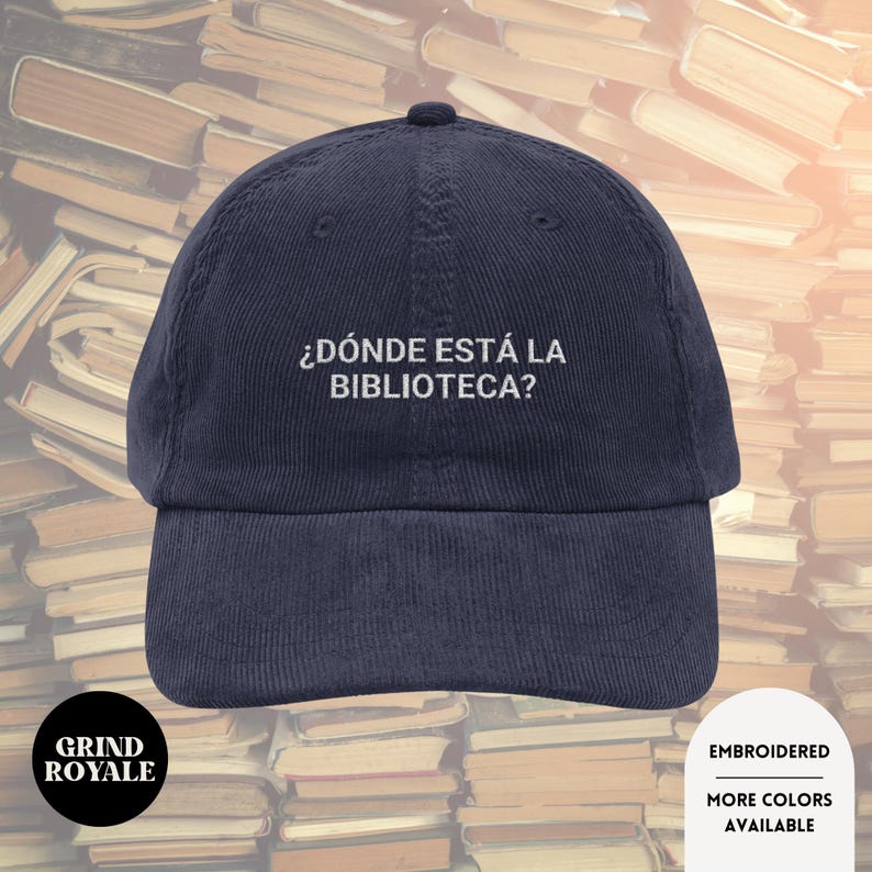 Vintage broderad manchesterhatt för bokälskare, hatt för bokälskare, iögonfallande hatt, present till läsare, spansk hatt, rolig hatt, bokklubbshatt bild 1