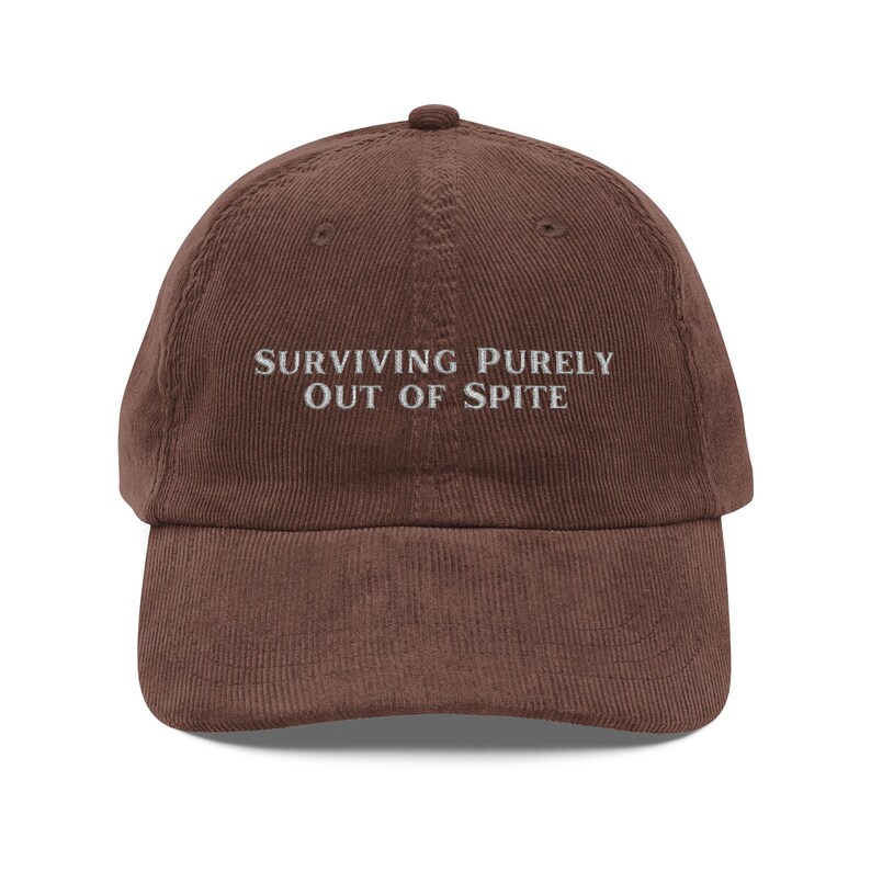 Vintage Embroidered Corduroy Funny Dark Humor Hat, Dark Humor Gift, Gothic Hat, Funny Hat, Surviving Out of Spite Hat, Millennial Gift image 3