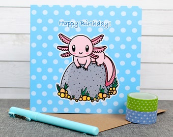 Cute Axolotl Happy Birthday Card - Personalised Birthday Greetings Card - Pink Dragon Card - Water Dragon Birthday Card - Pet Card