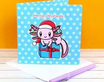 Cute Axolotl Christmas Card - Personalised Greetings Card - Pink Dragon Xmas Card - Festive Water Dragon Card - Pet Card