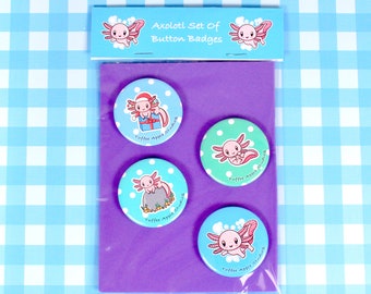 Holographic Pink Axolotl Badges - Set Of 4 Axolotl Button Badges - 44mm Water Dragon Badges - Ita Bag Accessories - Kawaii Axolotl Pin