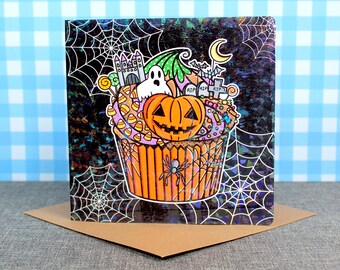 Holographic Halloween Card - Personalised Halloween Cupcake Card - Spooky October Birthday Card - Party Card - Horror Card - Gothic Wedding