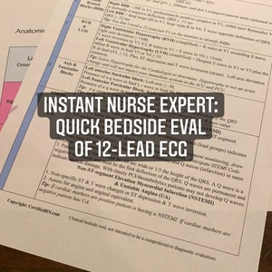 Può includere: Un documento stampato intitolato "Instant Nurse Expert: Quick Bedside Eval of 12-lead ECG". Contiene informazioni mediche, tra cui analisi del ritmo, blocchi di branca e ipertrofia ventricolare. Testo nero su sfondo bianco.