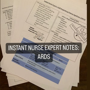 May include: A close-up of a set of blue and white flashcards with the title "Instant Nurse Expert Notes: ARDS". The flashcards contain information about the medical condition known as Acute Respiratory Distress Syndrome (ARDS).