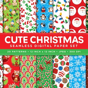 Conjunto de papel digital fofo de Natal - Padrão sem emenda de Natal - Papel de scrapbook digital - Natal fofo - Download instantâneo - JPG de Natal