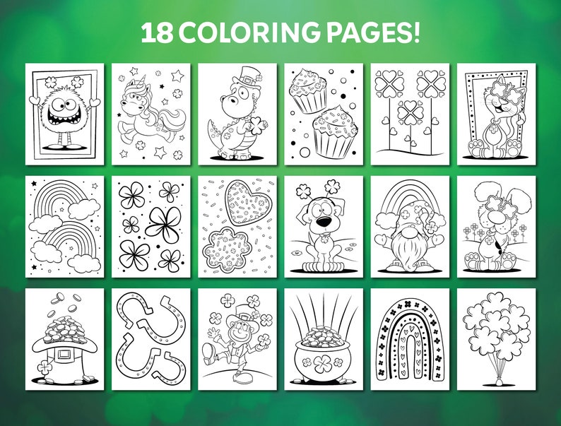 May include: 18 black and white coloring pages featuring various St. Patrick's Day themes, including rainbows, shamrocks, leprechauns, and pots of gold.