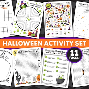 K&ouml;nnte beinhalten: Ein Halloween-Aktivit&auml;tsset mit 11 Seiten druckbarer Spiele, darunter Tic-Tac-Toe, ein Hexenlabyrinth, Suchbilder, Punkte-Verbinden, eine Seite zum K&uuml;rbisgesicht-Zeichnen, Wortsuchr&auml;tsel, Wortentschl&uuml;sselung und ein Labyrinth f&uuml;r einen Zwerg.