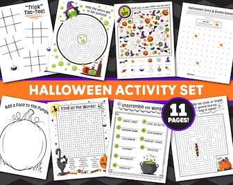 May include: A Halloween activity set featuring 11 pages of printable games including Trick Tac-Toe, a witch maze, I Spy, Dots and Boxes, a pumpkin face drawing page, a word search, unscramble the words, and a trick-or-treat gnome maze.