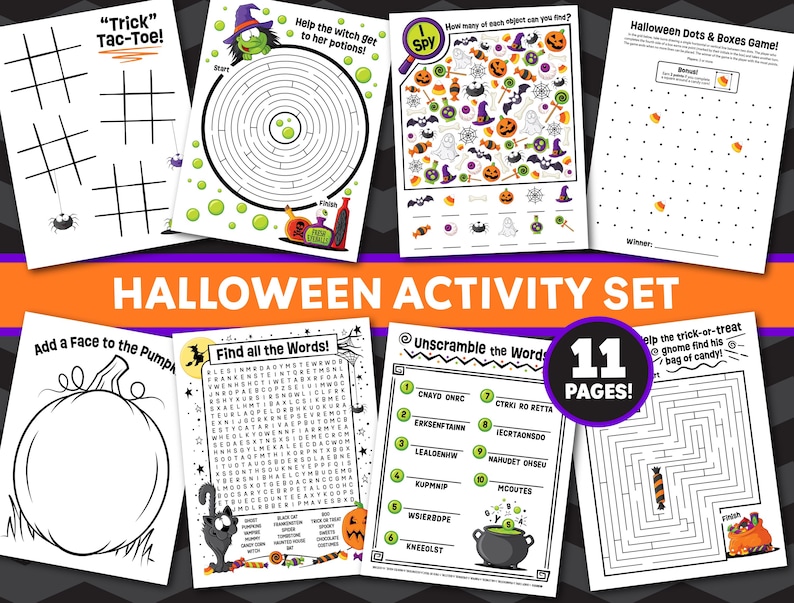 K&ouml;nnte beinhalten: Ein Halloween-Aktivit&auml;tsset mit 11 Seiten druckbarer Spiele, darunter Tic-Tac-Toe, ein Hexenlabyrinth, Suchbilder, Punkte-Verbinden, eine Seite zum K&uuml;rbisgesicht-Zeichnen, Wortsuchr&auml;tsel, Wortentschl&uuml;sselung und ein Labyrinth f&uuml;r einen Zwerg.