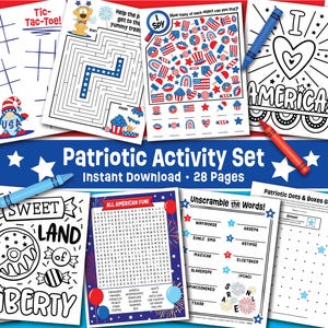 May include: A patriotic activity set with 28 pages, featuring various games and coloring pages. Includes Tic-Tac-Toe, mazes, I Spy, word scrambles, and dot-to-dot activities. The set is decorated with patriotic symbols and the text "Patriotic Activity Set".