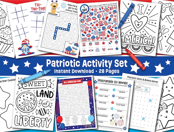 Patriotic Activity Bundle Printable - Instant Download - Patriotic Wordsearch - 4th of July Activity Games - Fourth of July Coloring Pages