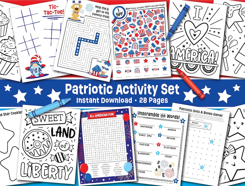 May include: A 28-page patriotic activity set with games and colouring pages. Includes Tic-Tac-Toe, mazes, I Spy, word scrambles, and dot-to-dot activities. The set is decorated with patriotic symbols and the text "Patriotic Activity Set".