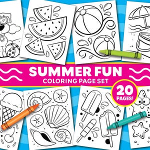 May include: A set of 20 summer-themed coloring pages with black line drawings of a dog, watermelon slices, beach balls, a sand pail, ice cream cones, seashells, popsicles, and starfish. The words "SUMMER FUN COLORING PAGE SET" are displayed.