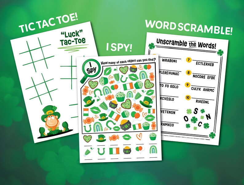 May include: A printable set of St. Patrick's Day games for kids. The games include a tic-tac-toe board, a word scramble, and an I Spy game. The games are decorated with shamrocks, rainbows, and leprechauns.