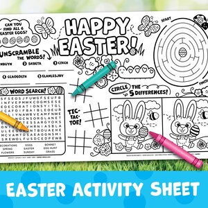 May include: A black and white printable Easter activity sheet with a variety of games and puzzles, including a word search, a maze, a tic-tac-toe game, and a spot-the-difference game. The sheet features a bunny rabbit, eggs, and other Easter-themed imagery.