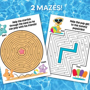 May include: Two printable maze activity sheets for kids. The first maze features a starfish and the text "Help the starfish through the sand so he can play with his friends!" The second maze features a dog wearing sunglasses and the text "Help the pup get to the yummy popsicles!"