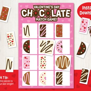 Valentine&#39;s Day Chocolate Match Game - Instant Download - Valentine&#39;s Day Game - Valentine&#39;s Day Party Game - Valentine&#39;s Day Kid Printable