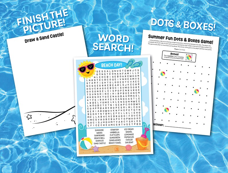 May include: A printable summer-themed activity pack with a word search puzzle, a connect-the-dots game, and a coloring page. The word search puzzle features the words "beach day" and "ice cream". The connect-the-dots game features a beach ball. The coloring page features a sandcastle.