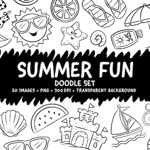 Op de afbeelding: Zwart-wit doodle set met zomer-thema illustraties. Bevat een lachende zon met zonnebril, een zeester, een zeilboot, een zandkasteel en de tekst "SUMMER FUN". Bevat ook een bikini, slippers en een plak watermeloen.
