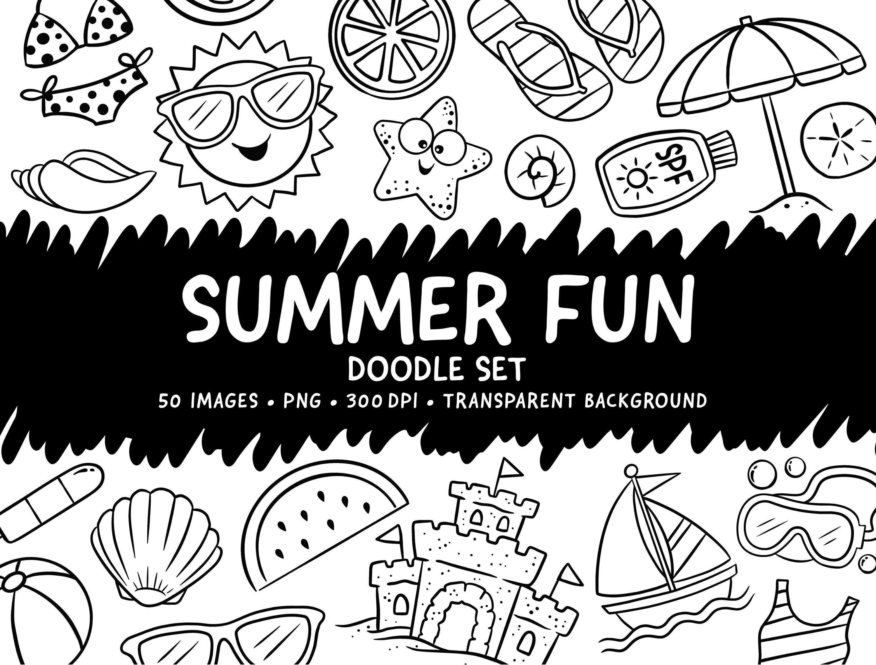 Summer Doodles Clipart Set - Cute Summer Fun Doodle Clip Art - Beach ...