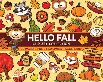 Cute Fall Clipart - Fall Woodland Clip Art - Thanksgiving Clipart - Autumn Clipart PNG - Leaf Clipart - Pumpkin Clipart - Cute Kids Fall PNG