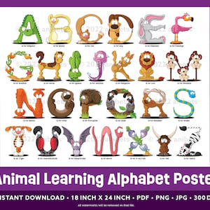Cartel del alfabeto animal 18x24 - Alfabeto animal - Arte de la pared ABC - Impresión de letras animales - Cartel de aprendizaje ABC - Cartel ABC - Descarga instantánea