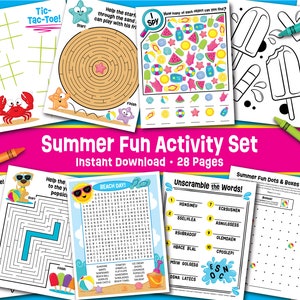 May include: A set of 28 printable summer-themed activity pages for kids. The pages feature a variety of activities, including mazes, word searches, dot-to-dot games, and coloring pages. The pages are decorated with colorful illustrations of summer-themed objects, such as seashells, popsicles, and beach balls.