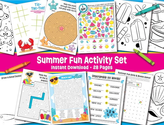 Kids Summer Activity Printable Set - Instant Download - Pool Party Game Bundle - Summer Camp Games - Beach Party Games - Kids Camp Coloring