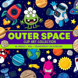 May include: A colourful illustration of outer space elements, including planets, rockets, aliens, and an astronaut, set against a dark blue starry backdrop. The text "OUTER SPACE CLIP ART COLLECTION" is displayed, with details of 46 PNG images.